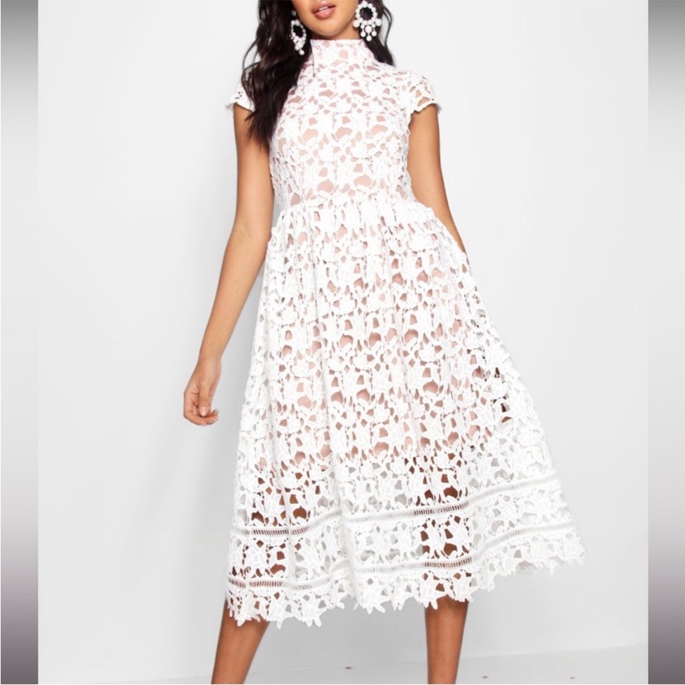 Boohoo White Crochet Lace Midi Dress
